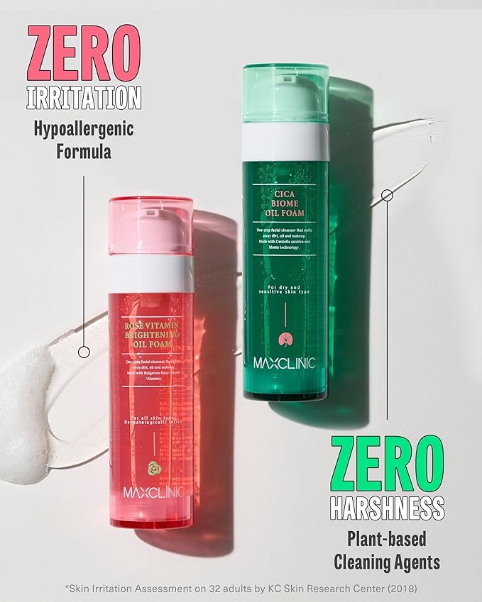 K-Beauty Rose Vitamin + Cica Biome Foam Gift Set | Daily Face Wash - Oil Based Cleanser to Foam | Korean Skin Care for Dry Sensitive Skin | Face Cleanser Bundle