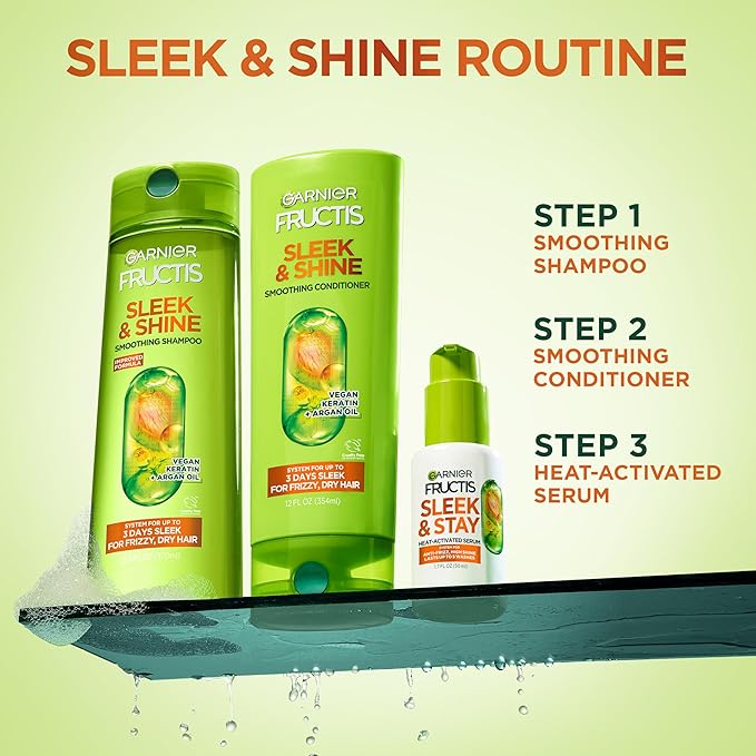 Garnier Fructis Sleek and Shine Sleek and Stay Hair Serum for Frizzy, Dry Hair, Heat Protectant Formulated with Alpha Silane, 1.7 Fl Oz