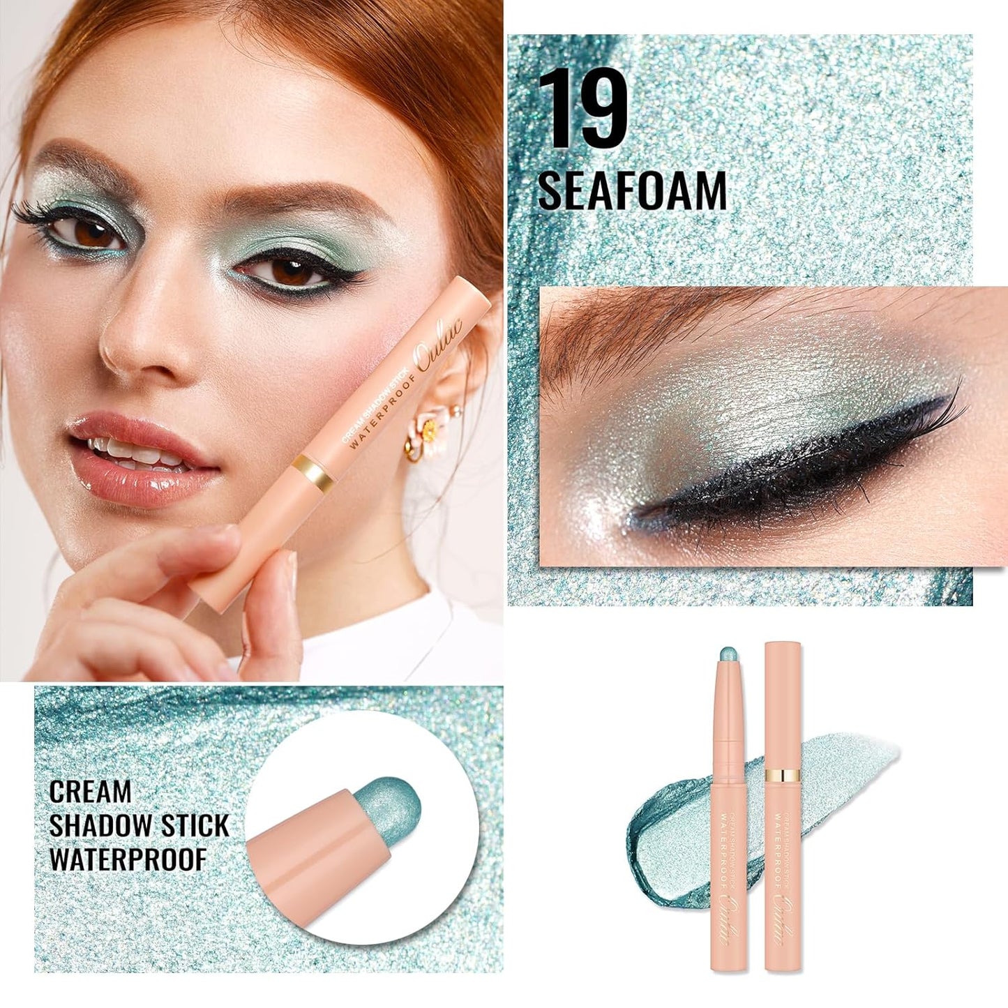 Oulac Waterproof Eye Shadow Stick Smooth and Long Lasting, Shimmering Glitter Finish, Blendable Eyes Makeup, Vegan & Cruelty-Free 3.8g, 19 Seafoam