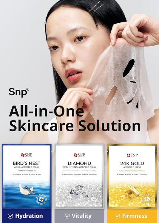 [K Beauty Snp] Variety Ampoule Sheet Mask Set | Bird's Nest, 24K Gold, and Diamond Face Mask | Hydrating, Moisturizing, Nourishing for Sensitive Facial Skin | Korean Face Masks Skincare | 12 Sheets