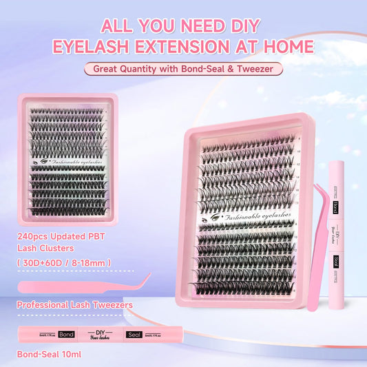 Lash Extension Kit DIY 240pcs Lash Clusters Eyelash Extension Kit, 8-16mm 30D 60D Individual Lashes Kit with Lash Bond and Seal, Lash Tweezers for Self Use (30D&60D, 0.07D, 8-16mm, Kit)