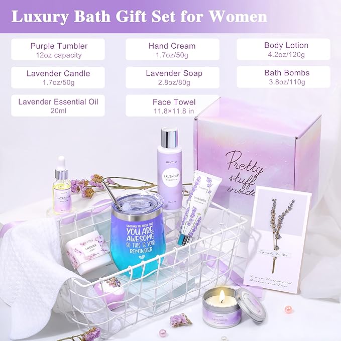 Gifts for Women Spa Lavender Bath Gifts Baskets for Women Mothers Day Gifts Birthday Gifts Relaxing Self Care Gift for Mom Her Auntie Sister Teacher Wine Tumbler Purple