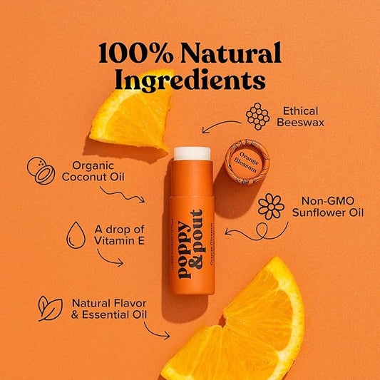 Poppy & Pout Orange Bloom Jumbo Lip Balm | All Natural Lip Balms & Moisturizers | Hydrates with Beeswax, Vitamin E, Organic Coconut Oil | Cruelty-Free | Lip Balm in Recyclable Cardboard Tube