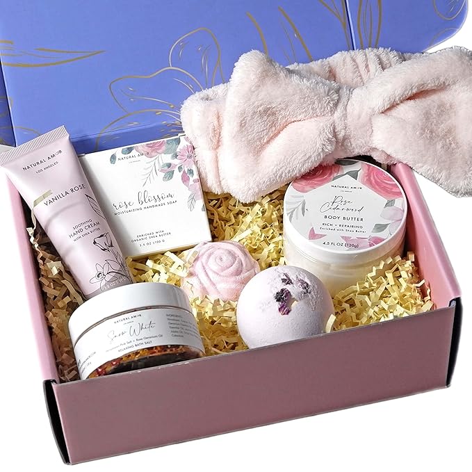 Natural Amor Rose Spa Gifts for Women,7pc Rose Scent Bath & Body Gift Set Including Soap Bar,Hand Cream, Bath Bomb