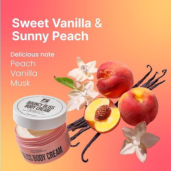 Bouncy Bliss Body Cream Creamy Velvet Vanilla & Sun-Kissed Peach, Deep Hydration for Smooth & Radiant with Coconut & Jojoba Oil, Collagen & Avocado Extract, K-BEAUTY, 6.76 fl. oz.