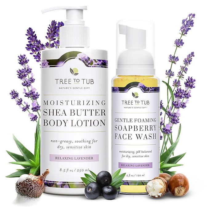 Tree to Tub Lavender Shea Butter Body Lotion for Dry Skin & Sensitive Skin Face Wash for Dry Skin - Moisturizing Sensitive Skin Lotion & Gentle Hydrating Foaming Face Cleanser for Women & Men