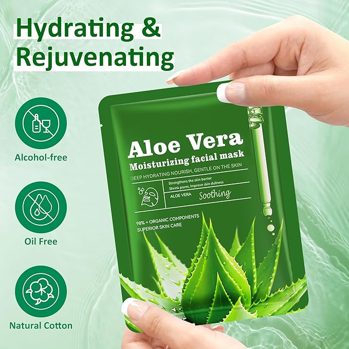 Aloe Vera Soothing Mask Hydrating Face Masks Skincare Moisturizing Facial Sheet Mask Skin care for Dry, Oily, Sensitive Skin Face Mask for Acne, Sun Care, Calming, 25ml/0.88oz, Pack of 10