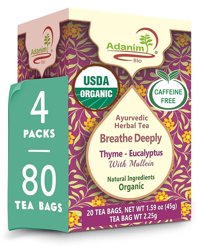 Adanim Bio Thyme Tea, Value Pack 80 Teabags with Organic Mullein Leaf and Eucalyptus Tea, Enhanced Respiratory and Lung Health, Caffeine Free Thyme Tea Bags