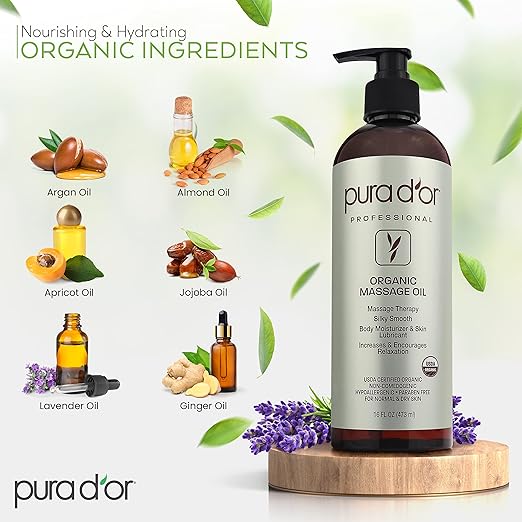 PURA D'OR 16 Oz Organic Massage Therapy Oil USDA Certified Almond, Apricot, Argan, Ginger, Jojoba, Lavender Oils for Silky & Softer Skin, Body Moisturizer & Skin Lubricant