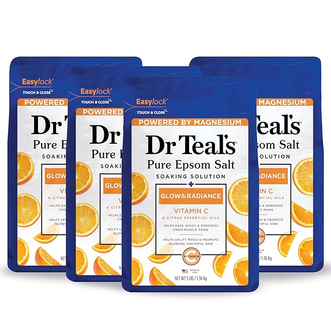Dr Teal's Pure Epsom Salt Soak, Glow & Radiance with Vitamin C & Citrus Essential Oils, 3 lbs (Pack of 4)