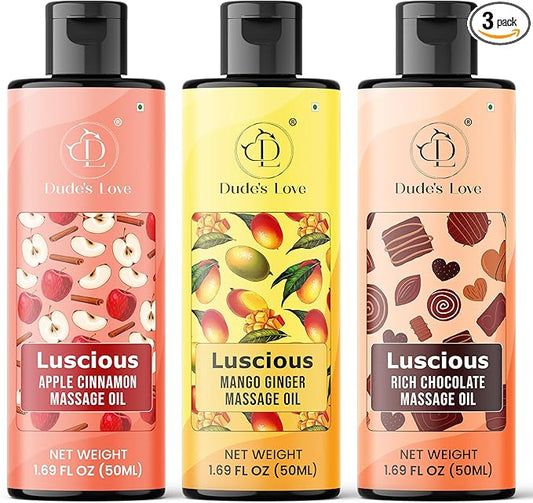 Dude's Love Luscious Flavored Massage Oil Set - Pack of 3 - Organic - Chocolate, Apple Cinnamon, Mango Ginger - Non-Sticky, Nourishing & Moisturizing - Aromatherapy Vegan Oil - 1.69 FL OZ x3