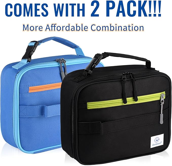 2 Packs Insulated Soft Lunch Bag With Double Zipper - Sturdy, Freezable and Reusable for Kids, Men - For School, Work, Outdoor (Black & Blue)