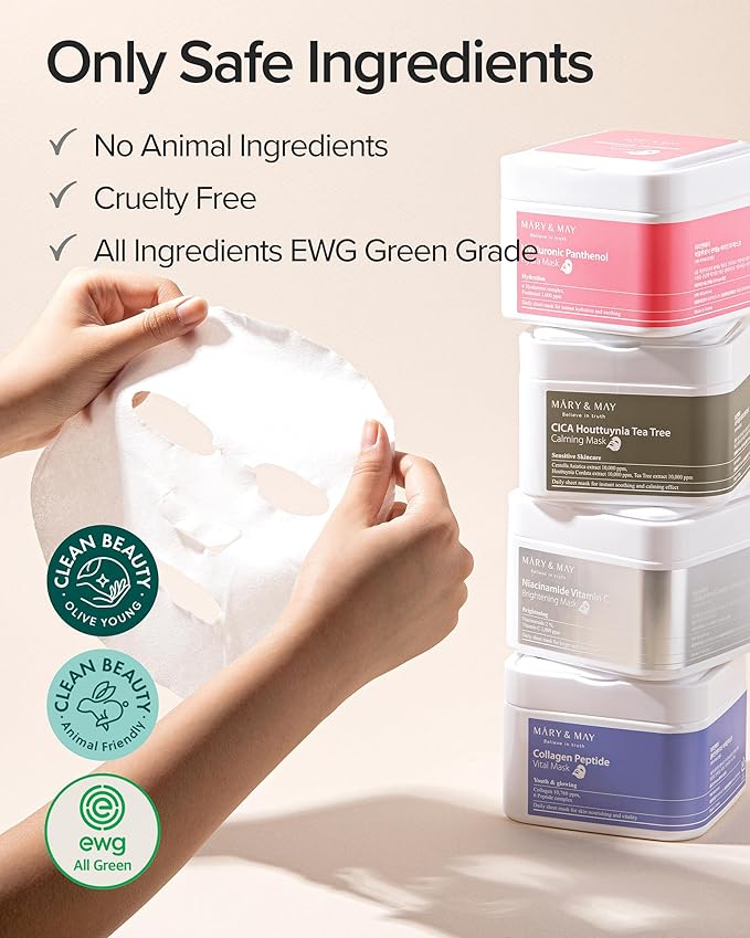 Mary&May Collagen Peptide Vital Mask - Daily Pull-Out Sheet Mask for Wrinkle Improvement, Firming, and Elasticity with Low Molecular Collagen - Korean Skincare, Hypoallergenic Formula, 30 Sheets