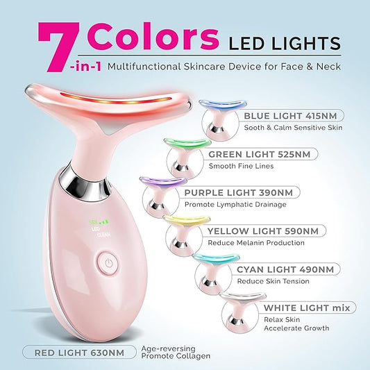 Red Light Therapy for Face & Neck Facial Massager - luminesce 7-in-1 L-E-D Facial Sculptor, True Beauty Glow, Lymphatic Drainage Massager, Double Chin Reducer, Face Lift, Gua Sha Tool, Pink, Biidey