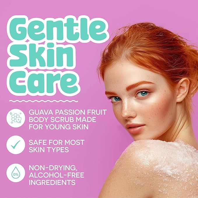 BeYOUtiful Guava Passion Fruit Body Scrub Exfoliator for Kids & Teens, Gentle Sugar Exfoliating Scrub, Cruelty-Free, Shea & Sweet Almond Oil, 16 oz