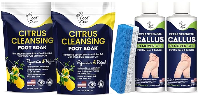 Citrus Detox Foot Soak with Epsom Salts for Foot Callus, Immune Boost, Damaged Toenail, Athletes Foot, Pedicure Callus Remover for Feet with Extra Strength Gel & Foot Pumice Stone Set