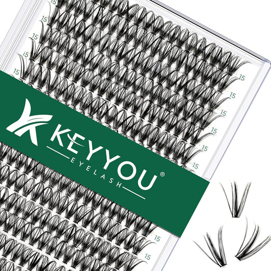 Lash Clusters 300pcs Individual Lashes 30D 0.07D Curl 15mm DIY Eyelash Extension KEYYOU Large Tray Volume Soft&Natural Cluster Lashes(30D-0.07D,15）