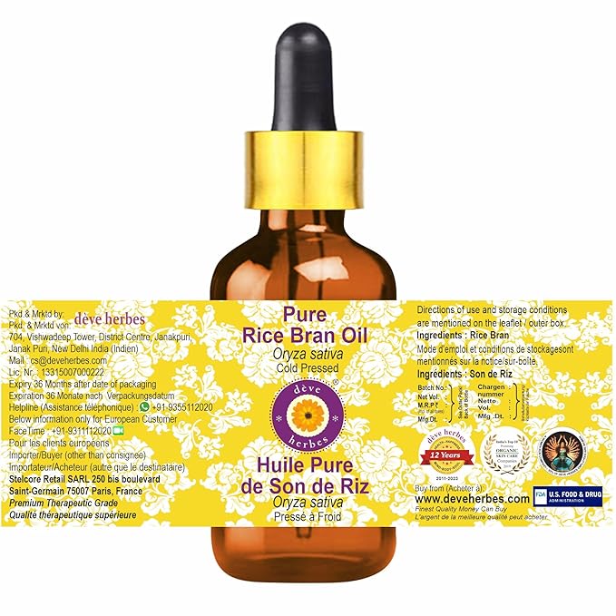 Deve Herbes Pure Rice Bran Oil (Oryza Sativa) with Glass Dropper Cold Pressed 15ml (0.50 oz)