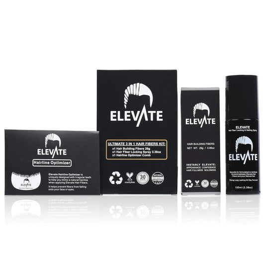 Elevate Hair Building Fibers 3-in-1 Kit for Thinning Hair (Black) Keratin Hair Thickening Powder with Fiber Lock Spray & Hairline Optimizer Comb - Instant Hair Concealer Waterproof for Men & Women
