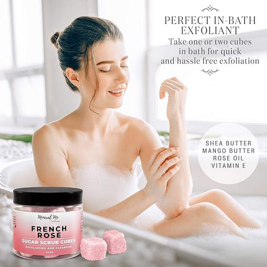 Body Scrub Exfoliator - 12oz FRENCH ROSE Sugar scrub cubes w/Mango Butter & Shea butter- Ultra Hydrating & Moisturizing - Natural & Organic for all body exfoliation- For hands, arms, legs & foot