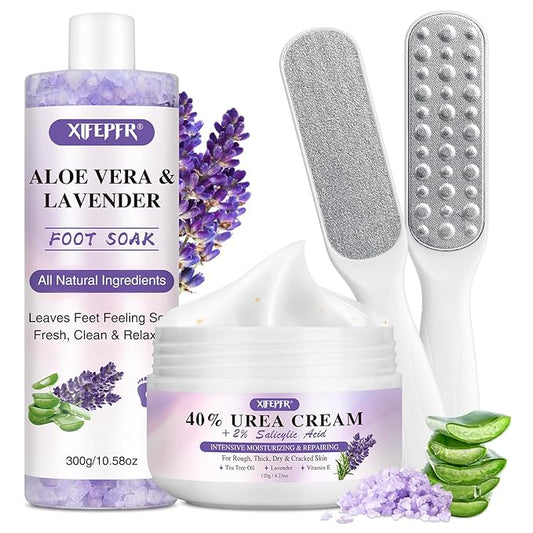 Foot Soak Set Callus Remover Pedicure Kit - Urea Cream 40%, Lavender Soak Salt with Epsom Salt & Foot File for Dead Skin, Foot Care Kit for Dry Cracked Heels at Home