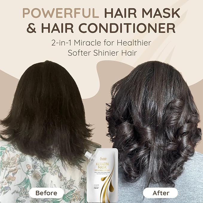 VITAMINS hair cosmetics Keratin Hair Mask Deep Conditioner - Biotin Collagen Protein & Castor Oil Repair for Dry Damaged Hair - Conditioning Treatment for Curly or Straight Thin Fine Locks