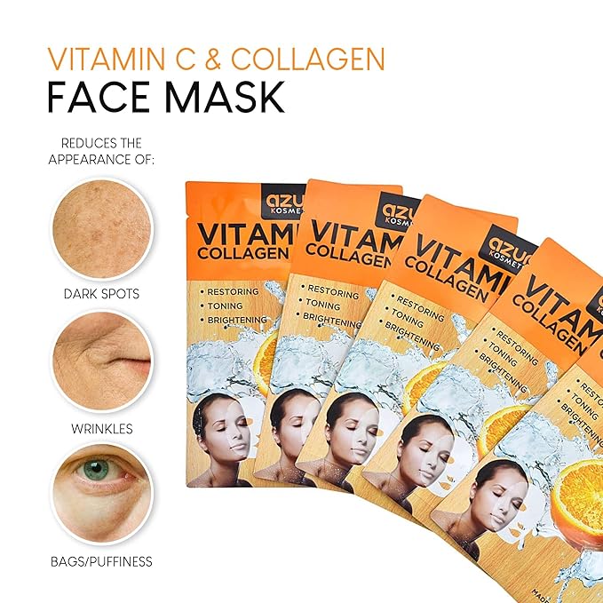 AZURE Vitamin C & Collagen Moisturizing Facial Mask - Anti Aging, Deeply Moisturizing & Firming - Skin Care Made in Korea - 10 Pack