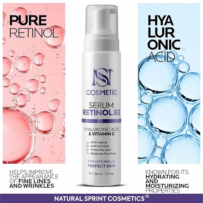 Anti-Aging Face Serum. Hyaluronic Acid, Vitamin C, Retinol, Vitamin B3 1,7 fl.oz (50ml) Firms the Skin and Reduces fine lines Wrinkles, deep and lasting hyper-hydratation