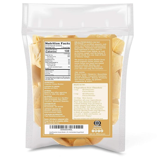 Healthworks Superfoods Organic Cacao Butter - 16 Oz / 1 Lb - USDA Certified Organic from Peru - Unrefined Non-Deodorized Cocoa - Sugar-Free, Keto, Vegan & Non-GMO - Antioxidant Superfood