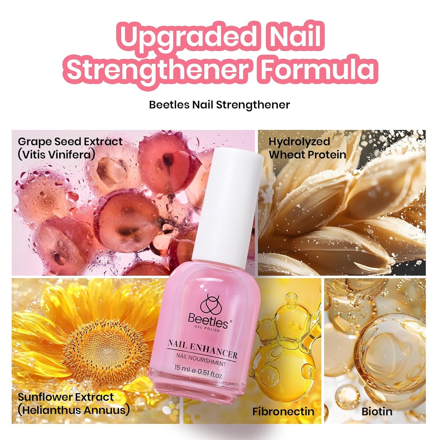 Beetles Nail Strengthener, Air Dry Pink Neutral Nail Polish Strengthener and Growth Nail Growth Treatment Nail Strengthener for Thin Nails and Growth