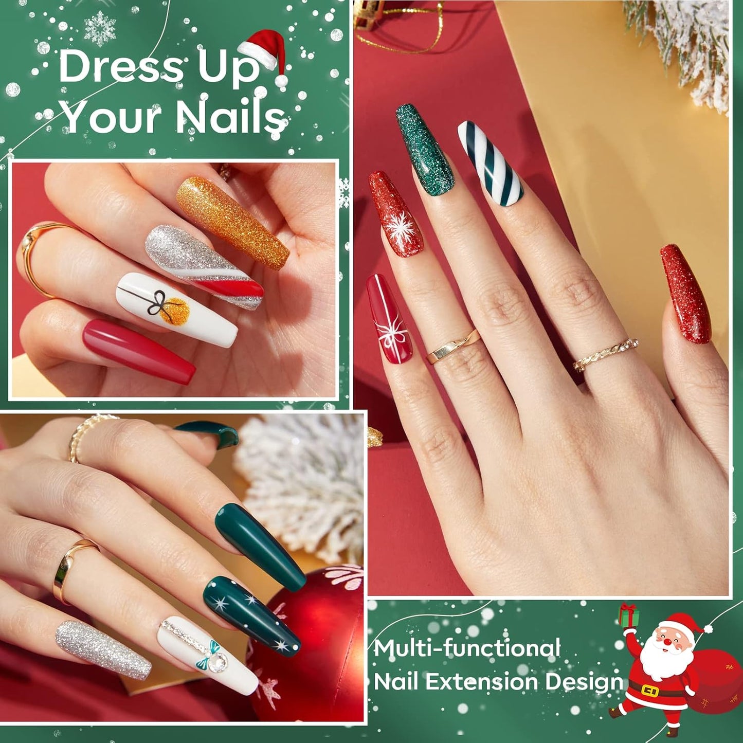 Modelones Christmas Colors Acrylic Powder Kit - 6 Colors Golden Glitter Yellow Green Dark Red Sliver Christmas Eve Cover Powder for Nail Art Extension - No Lamp Needed (C7-Lucky Clover)