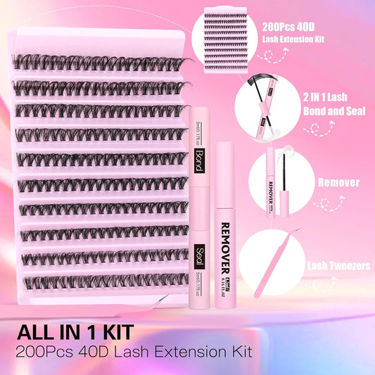 DIY Lash Extension Kit Individual Eyelash Extension Kit 200Pcs Cluster Lashes Kit Eyelash Extension Clusters with Bond,Seal and Lash Extension Remover Lash Tweezers at Home by TNFVLONEINS (Kit,40D)