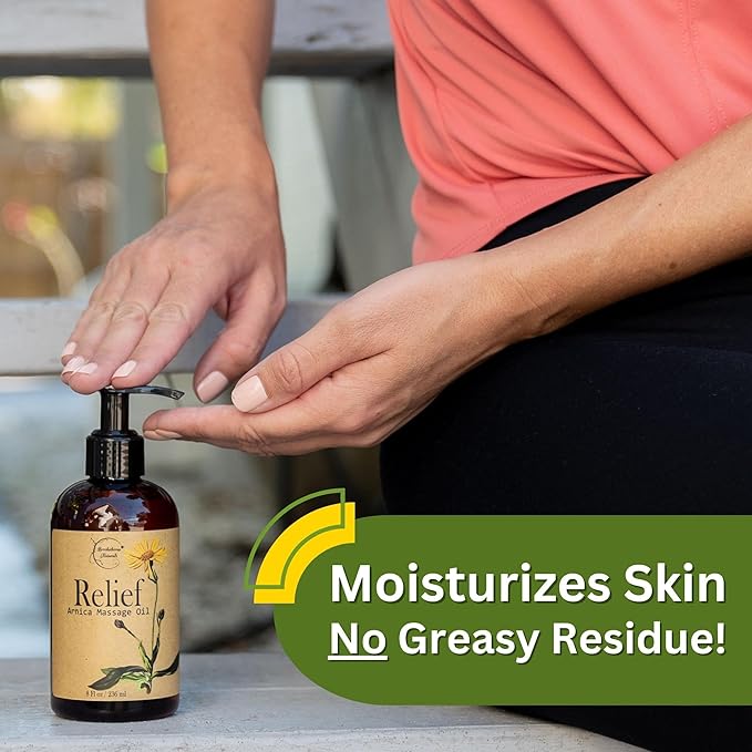 Relief Arnica Massage Oil – Great for Sports & Athletic Therapeutic Massage – All Natural - Arnica Montana for Sore Muscle Relief. Contains Sweet Almond, Jojoba, Grapeseed & Essential Oils 8oz