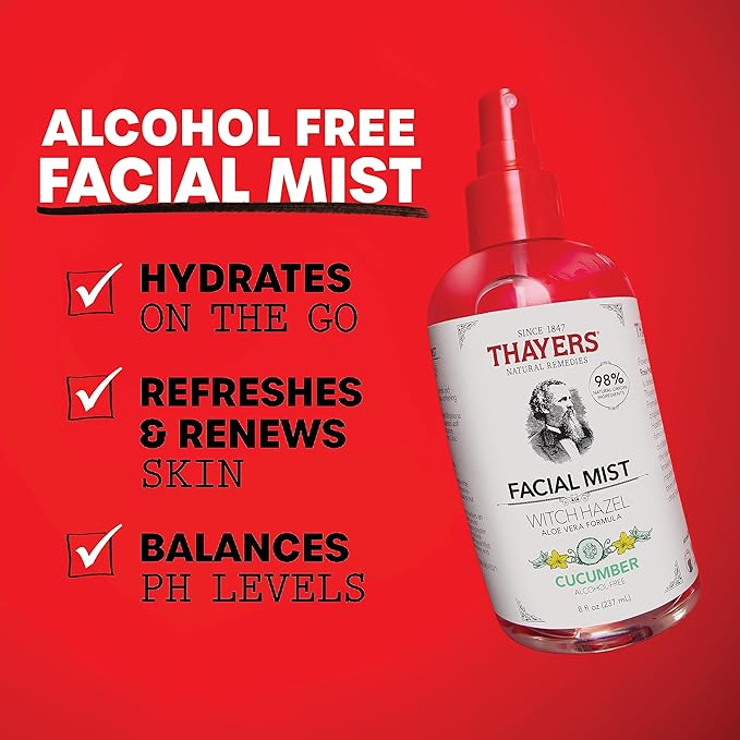 Thayers Alcohol-Free Witch Hazel Facial Mist Toner with Aloe Vera, Cucumber, Soothing and Hydrating, For All Skin Types, 8 oz