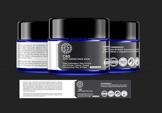 C60 Anti-Aging Face Mask 50ml with Green Tea, Aloe, Ubiquinone (CoQ 10), Vitamin E and Vitamin C for Men & Women Made with Organic Ingredients - From The Leading Global Producer