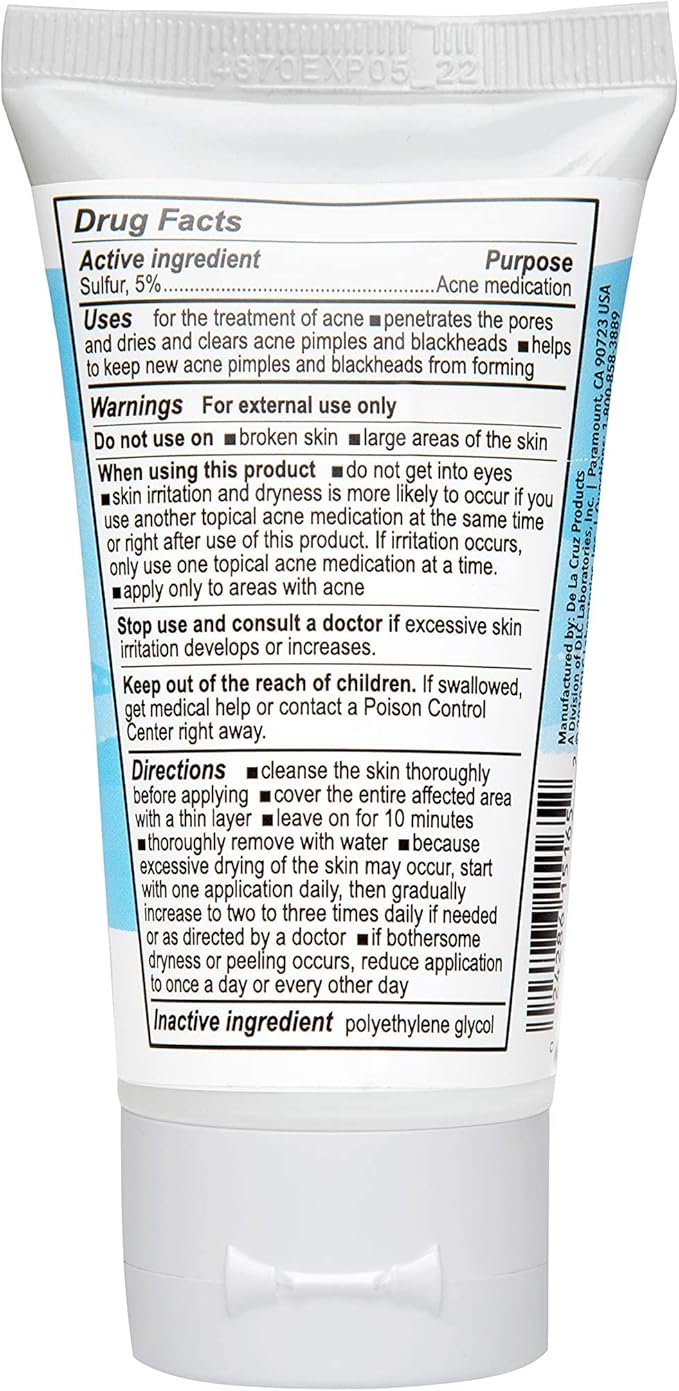 De La Cruz 5% Sulfur Ointment - Cystic Acne Treatment for Face and Body - Daily 10 Min Spot Treatment Mask - Safe and Effective Game Changing Hormonal Acne Treatment that Clears Up Pimples 2.6oz Tube