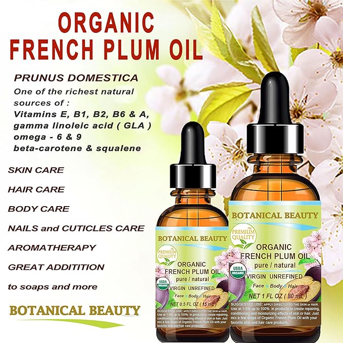 Botanical Beauty Organic French PLUM OIL 100% Pure Natural VIRGIN UNREFINED Cold-Pressed Carrier Oil 4 Fl oz 120 ml for Face, Skin, Body, Hair, Lip, Nails. Rich in Vitamin E, Omega 6, Omega 9