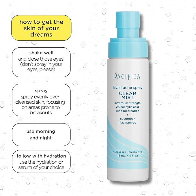 Pacifica Facial Spray for Acne Treatment - Clear Face Mist Acne Spray w/ 2% Salicylic Acid Niacinamide & Aloe - Acne Cleanser - Targets Bacteria for Teens & Adults Vegan Clean Dermatologist Tested