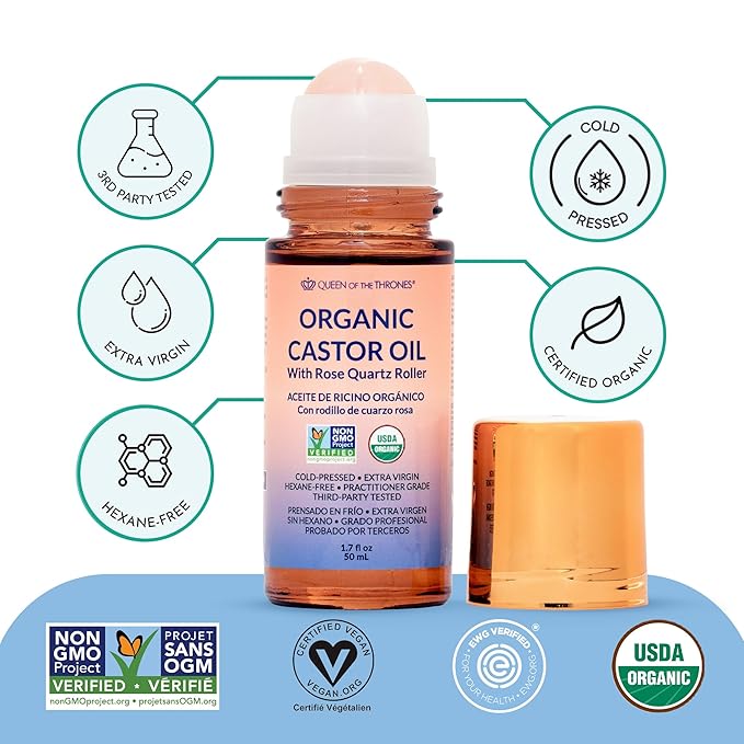 QUEEN OF THE THRONES® Organic Golden Castor Oil Roll-On with Rose Quartz | 100% Pure for Skin, Brows & Lashes and less mess Castor Oil Packs | Hexane-Free | USDA Certified | Cold-Pressed 1.7oz (50mL)