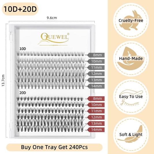QUEWEL Cluster Lashes 240Pcs Individual Lashes 10D+20D C Curl Mix8-14mm Lash Extensions Clusters Lashes Soft&Natural False Eyelashes Individual DIY Eyelash Extension at Home(10D+20D C MIX8-14)