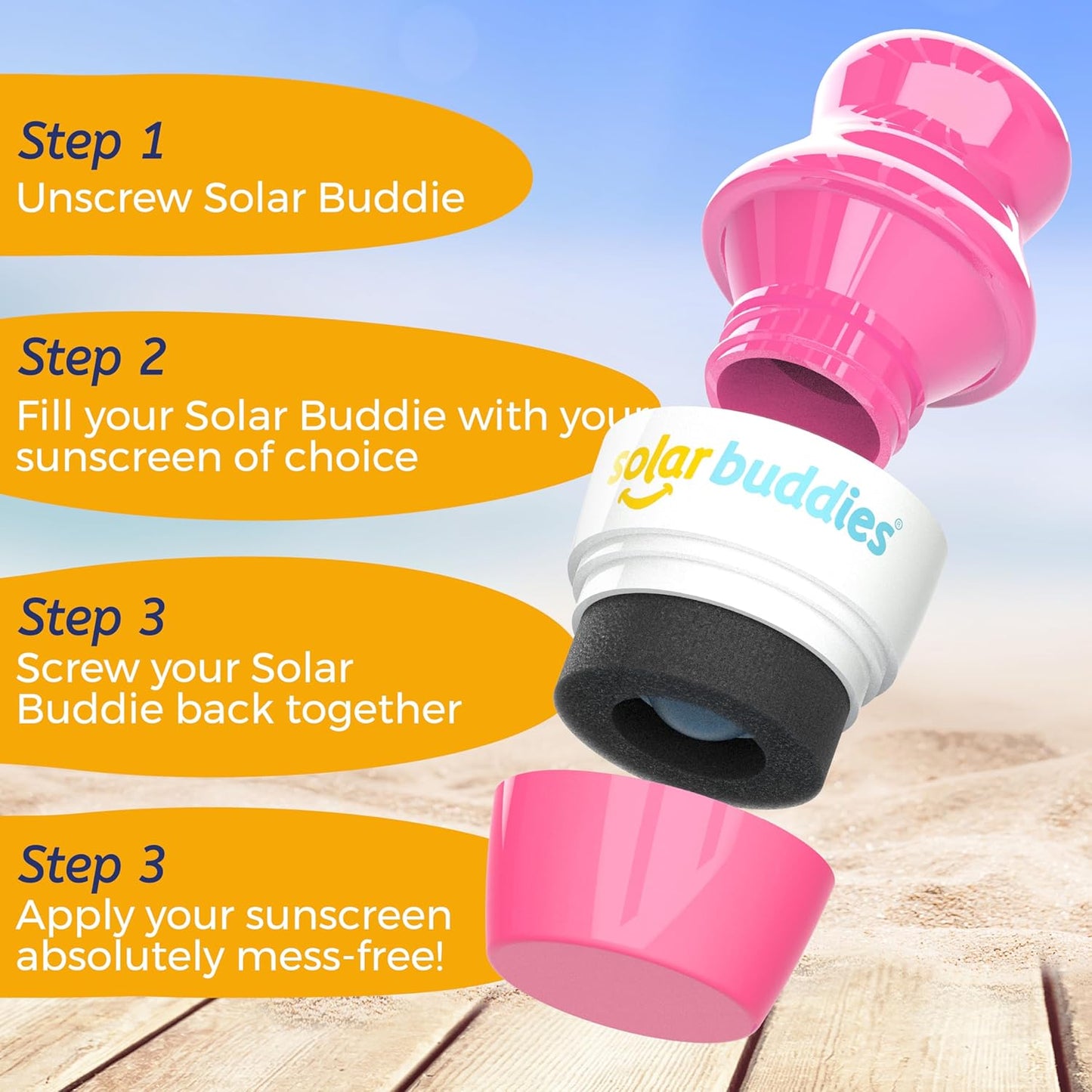 Solar Buddies Bag Bundle & Carabina Clip - Full Pink - Refillable Roll on Sponge Sunscreen, Suncream & Lotion Applicator For Kids, Adults & Families - Holds 3.4fl oz, Perfect Size for Travel
