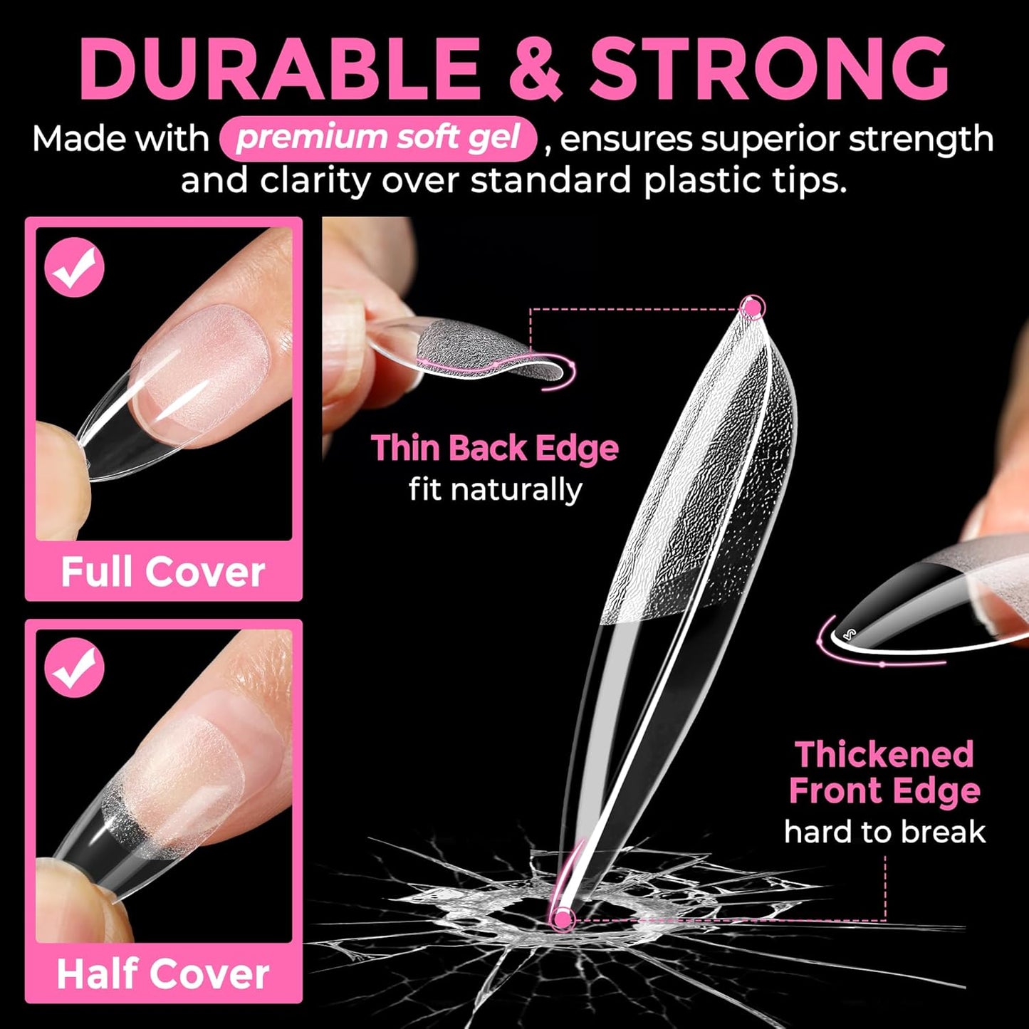 UNA GELLA Almond Nail Tips 216pcs Medium Almond Press on Nails Pre-shape Gel Fake Nails for Full Cover Acrylic French False Nails For Nail Extension, DIY Salon 12 Sizes Gelly Tips