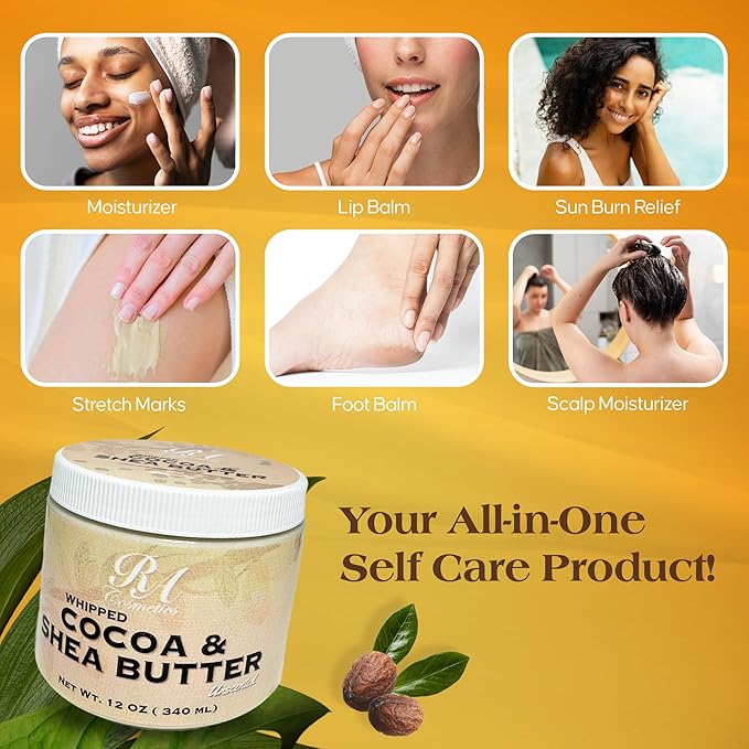 RA COSMETICS Whipped Cocoa & Shea Butter, Unscented - 12oz | 100% Pure & Natural Skin Moisturizer with Coconut Oil | Vitamin-Rich Body Butter for Soft, Supple, and Radiant Skin & Healthy Hairs