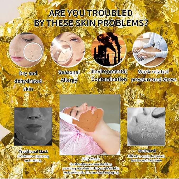 24K Gold & Hyaluronic Acid Jelly Mask, Facial Skin Care- Collagen Peel-Off Jelly Mask Set, For Facials, Face Mask For Instant Hydration, Vegan Peel Off Face Mask, For Hydration
