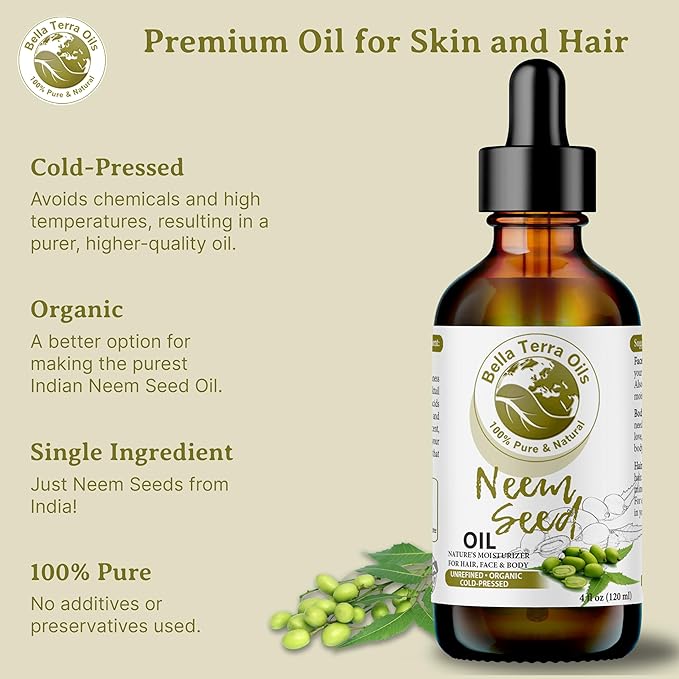 Bella Terra Oils - Organic Neem Seed Oil 16oz - Harness Organic Neem's Timeless Beauty Secrets, Infused with Vitamin A & Omega Fatty Acids, Best for Luxurious Skin Feel