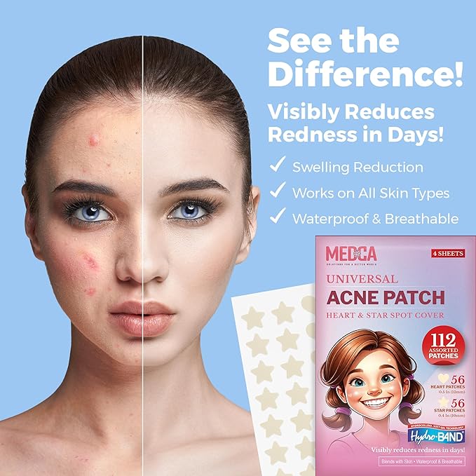 MEDca Acne Patches for Face - Hydrocolloid Bandages (112 Count) Pimple Patches for Face in Hearts & Stars, Acne Spot Treatment Care for Face & Skin Spot Patch Conceals Zits, Acne and Blackheads