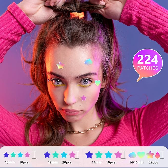 224 Counts Cute & Fashion Stars Pimple Patches for Face, Hydrocolloid Acne Patches, Zits Absorbing Patch, Covering Zits and Blemishes with Salicylic Acid, Tea Oil & Centella, Cruelty Free