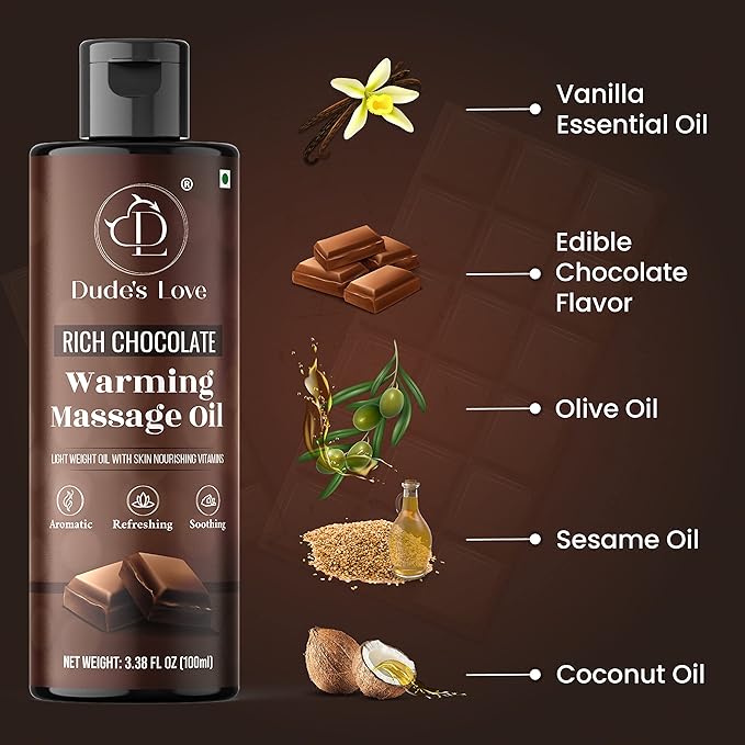 Dude's Love - Organic - Flavored Warming Body Massage Oil - Chocolate | No Stain - Non-Sticky | Nourish & Moisturize Skin | Aromatherapy Vegan Oil - 3.38 Fl Oz