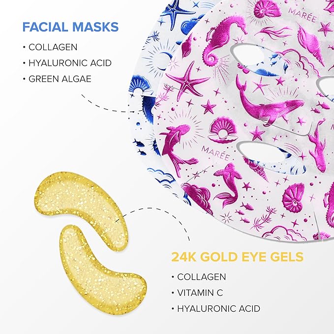 MAREE Ultimate Eye and Face Revitalization Bundle - 24K Gold Under Eye Patches & Collagen Facial Masks for Ageless Beauty for Total Skin Rejuvenation