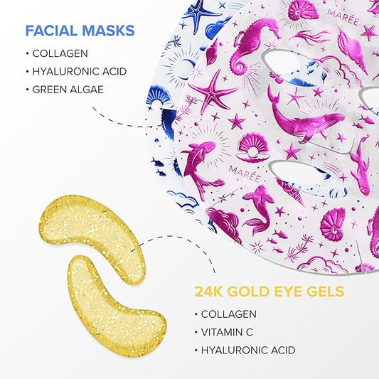 MAREE Ultimate Eye and Face Revitalization Bundle - 24K Gold Under Eye Patches & Collagen Facial Masks for Ageless Beauty for Total Skin Rejuvenation